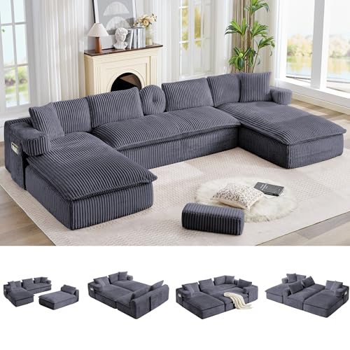 Image of Oversized Cloud Boneless Couch with Chaise, 149 inch Modern U Shape Modular Deep Seat Sectional Sofa, Comfy Corduroy Upholstered Couches for Living Room, No Assembly Required, Dark Grey