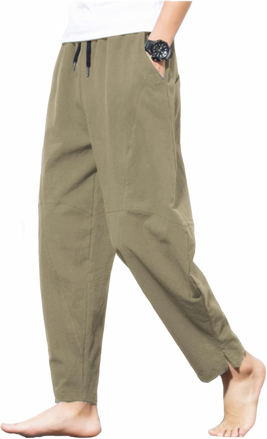 PACEIADTA Men's Cotton Linen Drawstring Pants Elastic Waist Casual Summer Beach Pants - Image 2