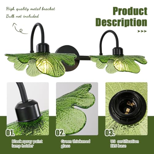 Image of 2-Light Vanity Light, Black Wall Sconce with Green Glass Shade, Vintage Bathroom Light Fixture for Over Mirror, Bedroom, Hallway, Living Room
