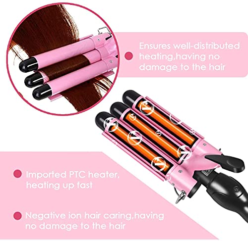 Plancha para rizar cabello de 3 barriles, plancha onduladora de 1 pulgada (25 mm), plancha para rizos con temperatura ajustable, calentamiento rápido, color rosa miniatura 4