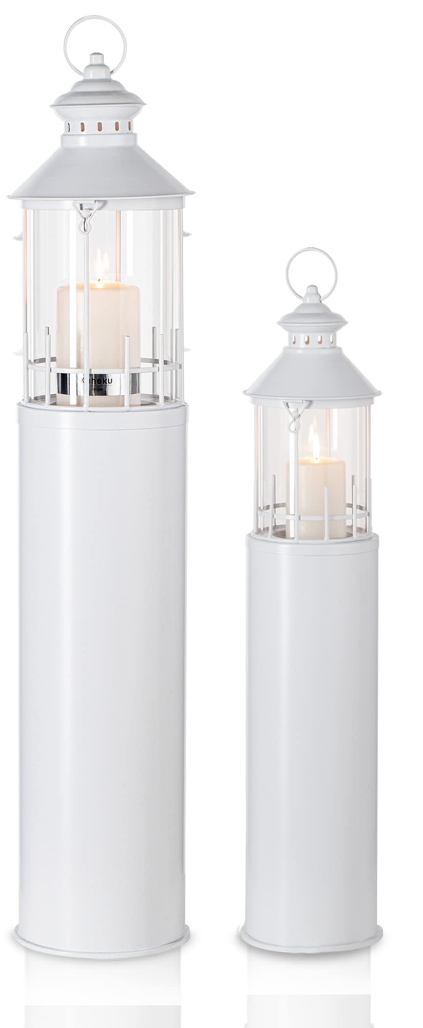 KHG Laterne Leuchtturm 2er Set mit Kerze aus Metall/Glas in weiß, Kerzenständer, Kerzenhalter, Outdoor und Indoor, Deko, Glaseinsatz, für Wohnzimmer, Balkon, Terrasse, Garten usw.