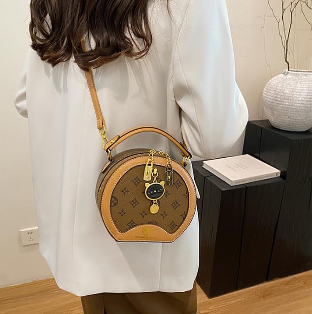 Designer Round Crossbody Handbag, Monogram Print, Brown and Tan with Cat Charm, Gold Hardware4