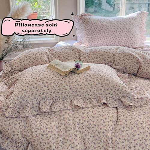 Image of BuLuTu Chic Shabby Purple Floral Duvet Cover Twin, Muslin Cotton Farmhouse Bedding Ruffles Comforter Cover, Kids Girls Boys Quilt Cover 68 inchx86 inch, No Pillow, Zipper & Corner Ties