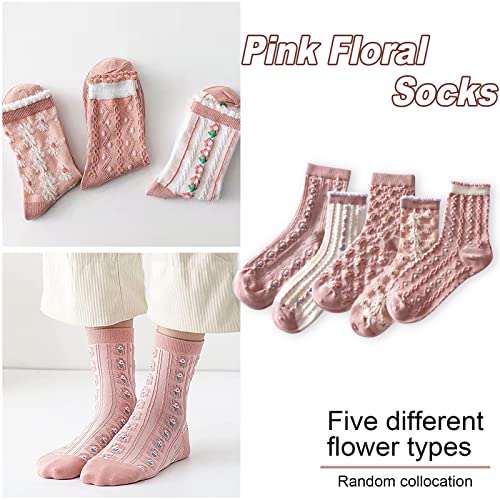 Image of 5 Pack Cute Womens Floral Socks, Vintage Embroidered Frilly Floral Ankle Cotton Cottagecore Socks
