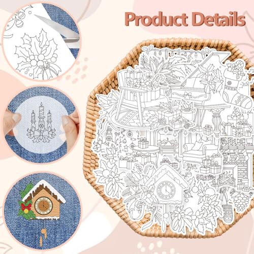 Image of Peacoblue Water Soluble Embroidery Patterns for Beginners, Christmas Tree Piano Bird Misttletoe 4 Sheets with 20pcs, Wash Away Embroidery Pattern Stabilizer for Hand Sewing Lover Women Adults
