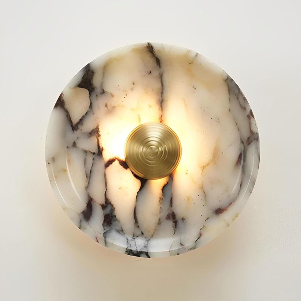GUOGUOSM Medieval Industrial Style Round Wall Lamp, 9.8in Marble Wall Light, LED Warm Light Natural Alabaster Wall Sconce, Bedroom Dressing Table Dining Room Decorative Lighting Fixtures