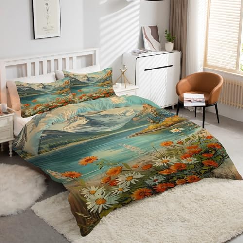 YZQGLHP Funda Nórdica para Cama de 105 cm Funda de Microfibra para Edredón de 180x220 cm con 2 Fundas de Almohada de 50x75 cm Estampado de Paisaje con Cremallera para Camas de Niños