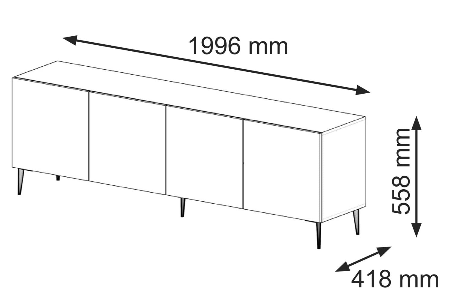BIM Furniture Lowboard TV 200 cm – Sideboard mit Gefrästen MDF-Fronten, Push-to-Open, Schwarze Metallfüße – Fernsehschrank HiFi Schrank fürs Wohnzimmer Schwarz Matt