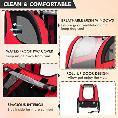 GYMAX Dog Bike Trailer, Folding Pet Bicycle Cart Carrier with 3 Entrances, Safety Flag, Reflectors, Quick Release Wheels and Bicycle Couple, Universal Pet Stroller (Red) 2 GYMAX Dog Bike Trailer, Folding Pet Bicycle Cart Carrier with 3 Entrances, Safety Flag, Reflectors, Quick Release Wheels and Bicycle Couple, Universal Pet Stroller (Red) - Image 3