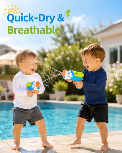 Image of 6M-5T 3-Pack Baby Toddler Rash Guard Swim Shirts UPF 50+ Boys Girls | Quick-dry 4-way stretch UV sun protection tops; moisture-wicking tagless comfort for beach, pool, splash pad and summer play