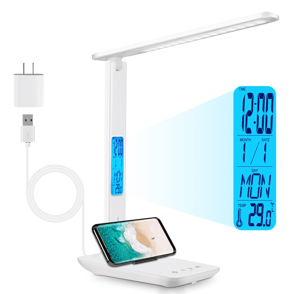 Rechargeable LED Desk Lamp with Clock, Desk Lamp for Home Office, Study Lamp for Reading, Eye-Caring, Battery Operated, 3 Lighting Modes, 5 Brightness Levels, White