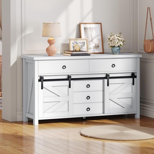 YITAHOME DWVO 54" Farmhouse Dresser for Bedroom, Large Modern Chest of Drawers, Wood Rustic Dresser TV Stand with 5 Drawers & 2 Sliding Barn Doors for Living Dining Room, Entryway, Hallway, White