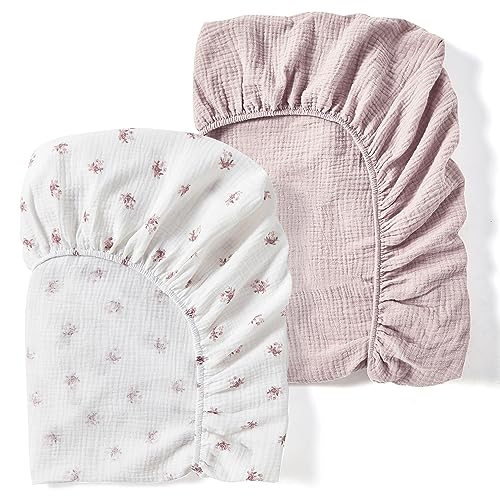 Image of JOHNPEY Muslin Crib Sheets Neutral - Mini Crib Sheets for Baby Boys and Baby Girls - Toddler Bed Sheets, 28"x 52", 2 Pack (Floral & Sand)