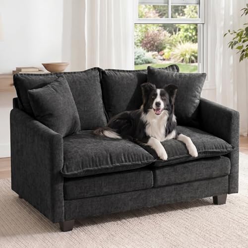2-Seater Cloud-Like Loveseat Sofa with 27" Deep Seat & 3-Layer Cushion, Pet-Friendly Chenille, Washable Pillow Covers, Compact Small Couch for Living Room, Bedroom, Office, Apartment, Black