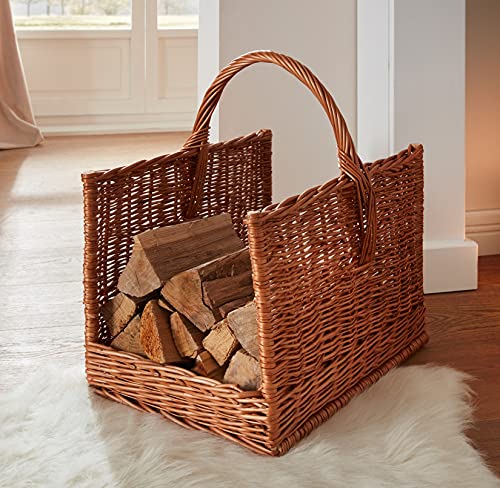 Cesta de mimbre marrón para leña, soporte de madera duradera para chimenea, soporte para leña, estilo rústico Kaminholzkorb, perfecto para almacenamiento de leña, elegante y funcional, Brennholzkorb