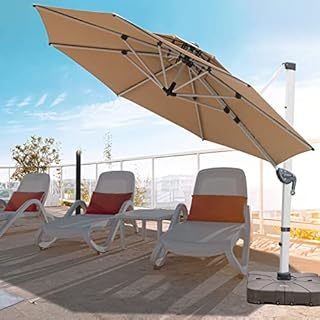11 FT Cantilever Patio Umbrella with Cross Base and Cover Included - 360° Rotation Offset Hanging Umbrella Large Heavy Duty Outdoor Umbrella with Easy Tilt for Pool Backyard Deck Garden, Khaki