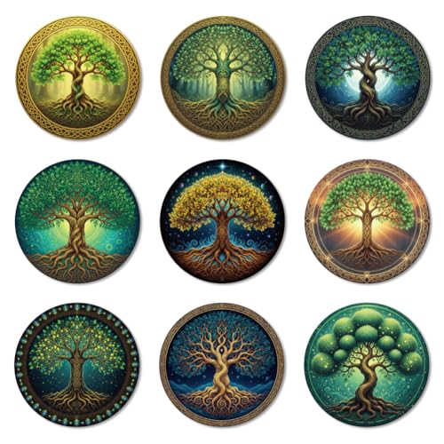 ANATTASOUL 9Pcs Árbol de la Vida Posavasos Madera, Posavasos De Madera, Reutilizables, Redondos, Drink Coasters, Taza para Café, Bar, Cocina, Restaurante