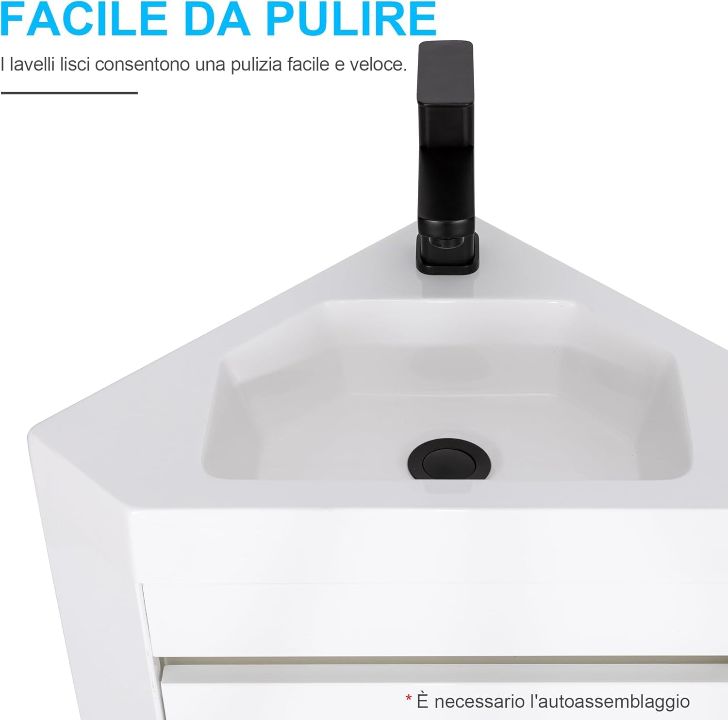 UEV Mobile Bagno Con Lavabo in Resina, Sospeso Ad Angolo 40CM, Rubinetto Nero Opaco, per Piccolo Spazio, Bianca