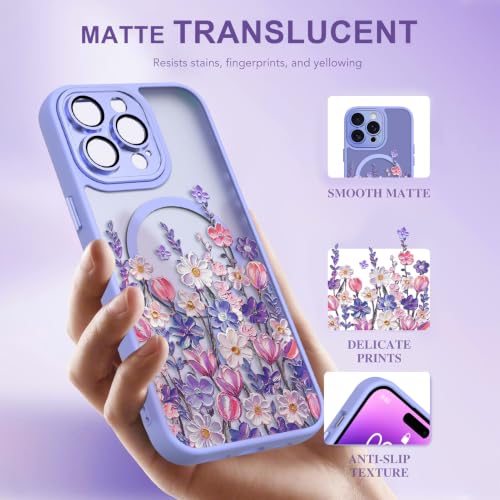 Image of Magnetic for iPhone 14 Pro Max Case with for Women, Purple Floral | Cute Oil Painting Flower Pattern Design [Compatible with MagSafe] [Full Camera Protection] Translucent Slim Shockproof Cover