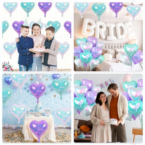 Image of Iridescent Heart Balloons, 10 Pcs Crystal Heart Shaped Balloon, 18 Inch Transparent Gradient Blue Purple Foil Balloons for Engagement Brithday Baby Shower Wedding Valentines Mermaid Party Decoration