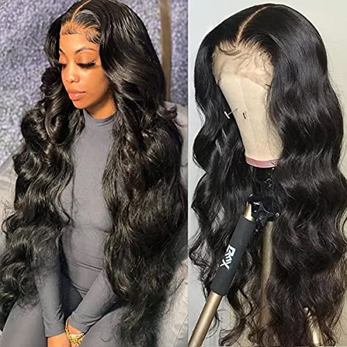 SUNYUON Lace Front Wigs Human Hair Body Wave 13x4 HD Lace Frontal Wig Pre Plucked with Baby Hair Brazilian Lace Front Wig Human Hair Wigs for Women 150% Denisty Natural Black Color（30inch）