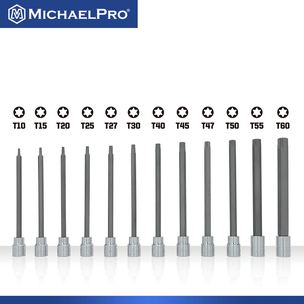 MichaelPro MP012019 Torx Bit Socket Set, 12pc 3/8" Drive Extra Long Torx Bit Set, T10-T60, Star Socket Set, Storage Case - Image 2