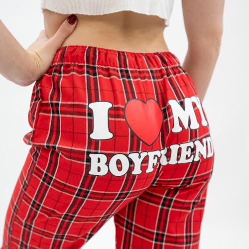 I Love My Boyfriend Plaid Flannel Pajama Pants, Christmas Edition, Red3
