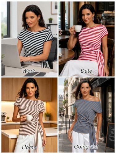 Image of HOTIAN Womens Cap Sleeve T Shirts 2026 Tie Waist Wrap Tops Crew Neck Blouses Dressy Casual Loose Work Business Dressy