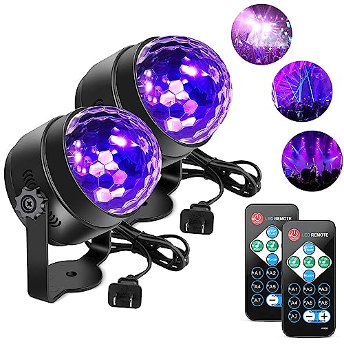 LUNSY UV Black Lights for Glow Party, 6W Disco Ball LED Party Lights Sound Activated with Remote Control, 7 Modes Stage Light for UV Party Halloween Decorations Birthday Party DJ Bar Xmas(2 pcs)
