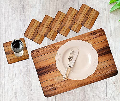 Image of Yellow Weaves 6 Piece Wooden Style PVC Dining Table Placemats, (Color - Wood)