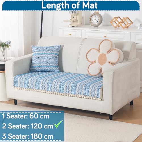 Image of HOKIPO Sofa Cover Mat with Tassel | 300 GSM Cotton Acrylic Jacquard for 2 Seater Sofa,'Trivana Series' Aqua Blue (IN-934-J7*S)