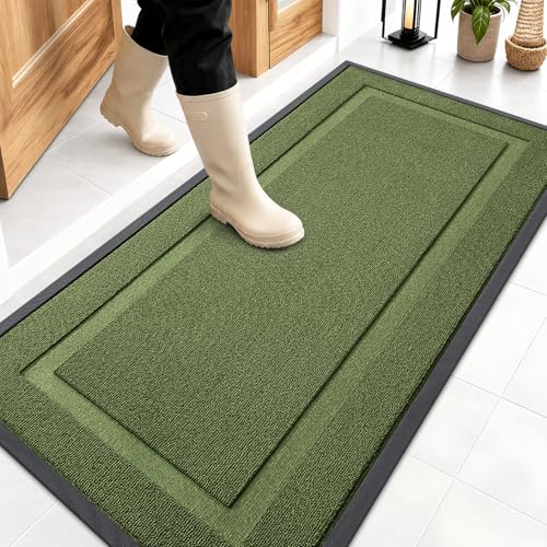 Image of OLANLY Front Door Mat Indoor Outdoor Entrance, Waterproof All-Season, All-Weather Doormat, Sturdy Natural Rubber, Low Profile, Easy Clean Patio Porch Entryway Mat, 47x23, Classic Green
