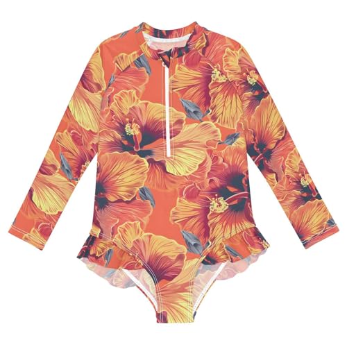 ALAZA Orange Red Hibiscus Flower Blossom Girls One Piece Swimsuit Long Sleeve Rash Guard Swimsuits UV 50+ Swimwear Zipper