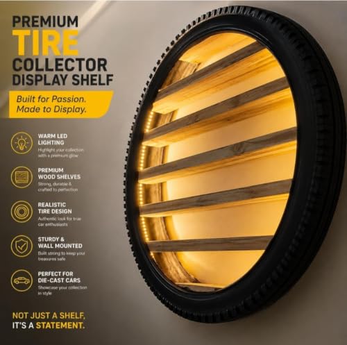 Image of Wooden Wall Shelf Display Rack for 1:64 Scale Die-Cast Cars, Warm White | LED Light, Rugged Tyre Frame Storage Organizer, Hot Wheels Collection, Decorative Home & Room Decor, 24 x 4 Inch