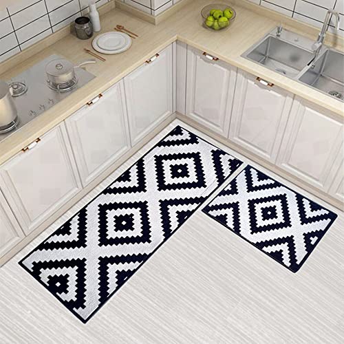 Image of Matz&More Anti Slip Kitchen Runner & Doormat Combo (50x120cm + 40x60cm), Nylon Tufted Floor Mat with Rubber Backing, Carpet for Kitchen, Bathroom, Entrance & Bedside, Pattern Black Offwhite