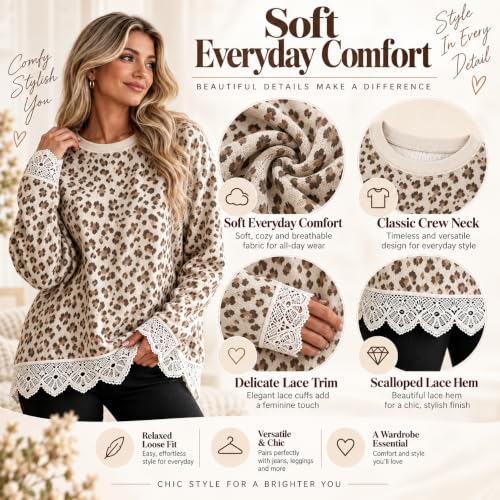 Leopard Sweatshirt for Women, Crewneck Long Sleeve Pullover with Lace Trim - image 4