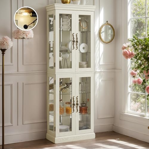 Lighted Curio Cabinet 71' Vintage Glass Display Case with Adjustable Shelves, 4 Tempered Glass Doors, Bulb Included, Wooden Wine Bar China Cabinet for Living Room Liquor Storage (Antique White)