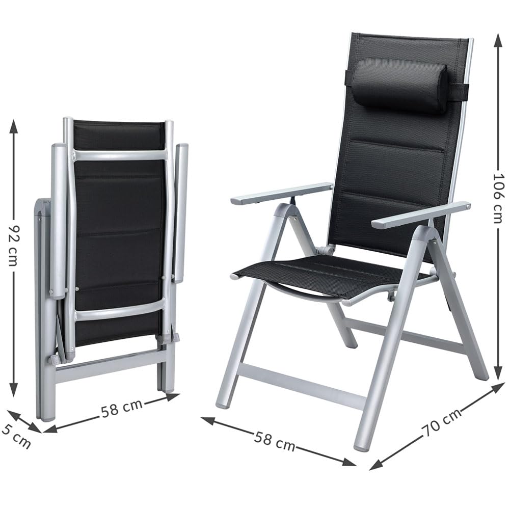 BAKAJI Juego de 2 sillas de jardín con Respaldo Alto, Extra Acolchadas, Plegables, Estructura y reposabrazos de Aluminio, con cojín reposacabezas/Lumbar, Ajustables en 8 Posiciones, para Exteriores