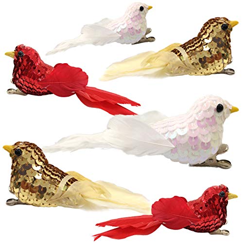 Athoinsu 6 Pack Delicate Sequin Artificial Robin Bird with Clips Tree Decorations Handcrafted Ornaments for Xmas Holiday Party Supplies, 6'' (Style 2)