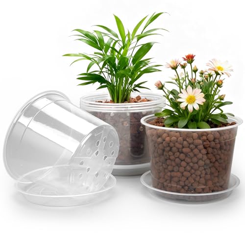 RAOOKIF 8 Inch Nursery Pots with Saucers 6 Pack Clear Nursery Pots with Drainage Hole for Indoor Outdoor Large Size Plastic Clear Pots for Plants for Flowers Succulents Vegetables
