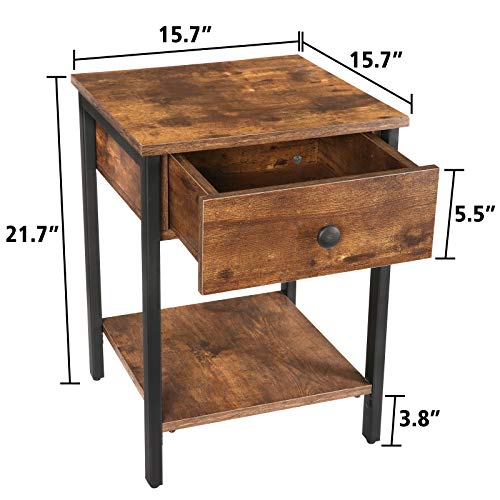 KINGSO Nightstands Industrial Side End Tables with Drawer and Storage Shelf 2 Tier Bedside Table Night Stand for Small Spaces Bedroom Wood Accent Furniture with Stable Metal Frame, Rustic Brown - Thumbnail 7