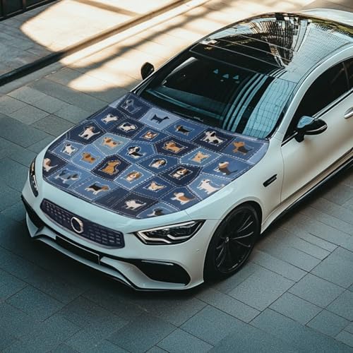 Image of Dog Car Hood Cover, Cowboy Patchwork Puppy Washable Elastic Auto Hood Protector Stretchable Polyester Fabric, Dachshund Chihuahua Corgi Car Bonnet All-Season Protection