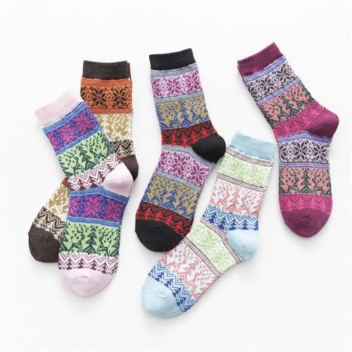 Image of Women Winter Socks 5 Packs Wool Socks Gifts for Mom Warm Vintage Soft Christmas Socks Thick Cold Knit Crew Socks