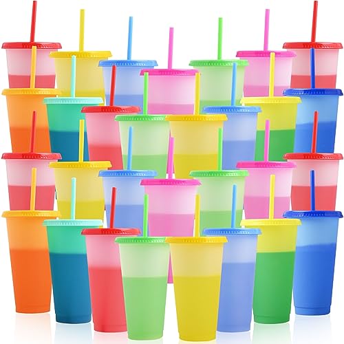 Malloom Lot de 30 gobelets à changement de couleur, avec couvercle et pailles, en plastique, 700 ml, réutilisables, pour café glacé, smoothie, milkshake