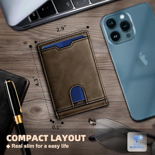 Genuine Leather Wallet for Men, Slim Bifold RFID Blocking with Zipper Coin Pocket, Minimalist Design for Travel and Daily Use (Coffee)3