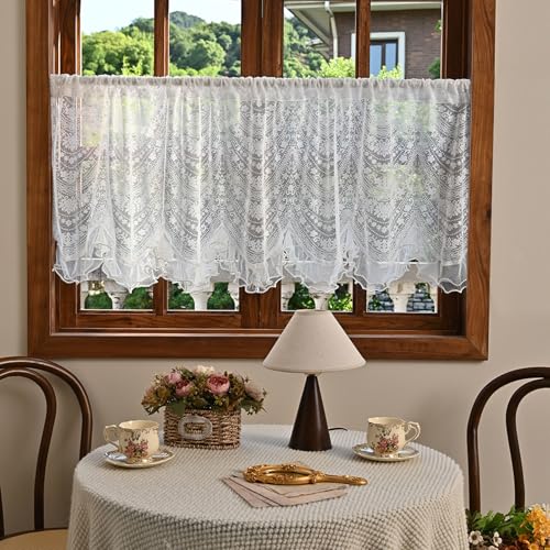 Cortina Blanca de Encaje Corta de 55 cm de Largo, Elegante Rustica Bordado Cortina Visillo Bolsillo para Barra para Salón Cocina Comedor(WxL200x55cm/79x21inch)