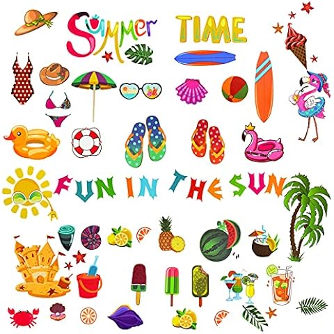 118 Pieces Summer Window Clings Stickers Hawaiian Window Decal with Sun Beach Flip Flops Drinks for Wall Glass Refrigerator Car Summer Beach Pool Party Birthday Decorations 8 Sheets Cover