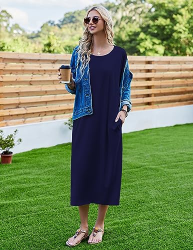 Image of Ekouaer Women's Nightgown Short Sleeve Sleepshirt Long Loungewear Casual Maxi Lounge Dress House Dresses with Pockets