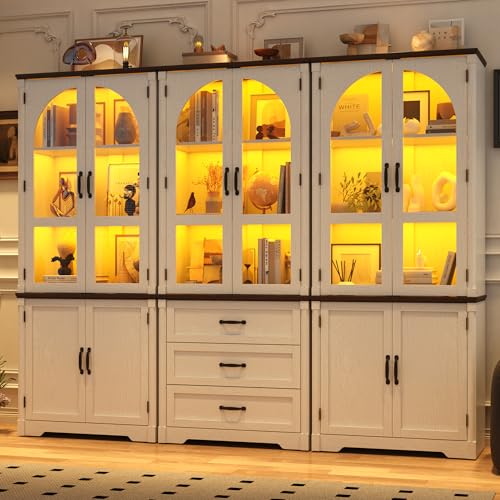 Image of 75 inch Tall Farmhouse Pantry Cabinet with LED Lights,6 Doors Wood Storage Cabinet w Arched Glass Doors /Drawers,Pantry Organizers and Storage,Rustic Wood Cupboard for Kitchen,Dining Room(White)