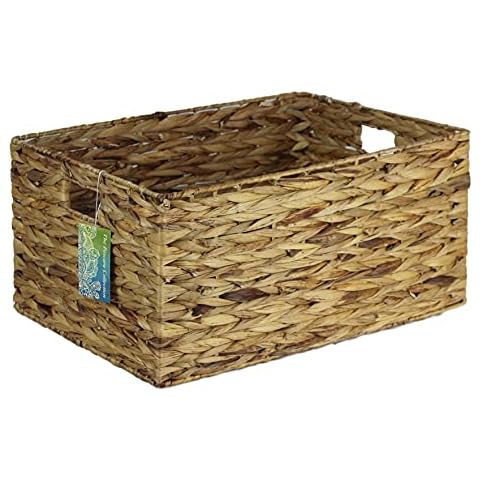 Large Rectangular Water Hyacinth baskets. Natural baskets light colour and with grey edges. Open bins for storage of shoes, toys or books and magazines (47cm, Natural) Cover